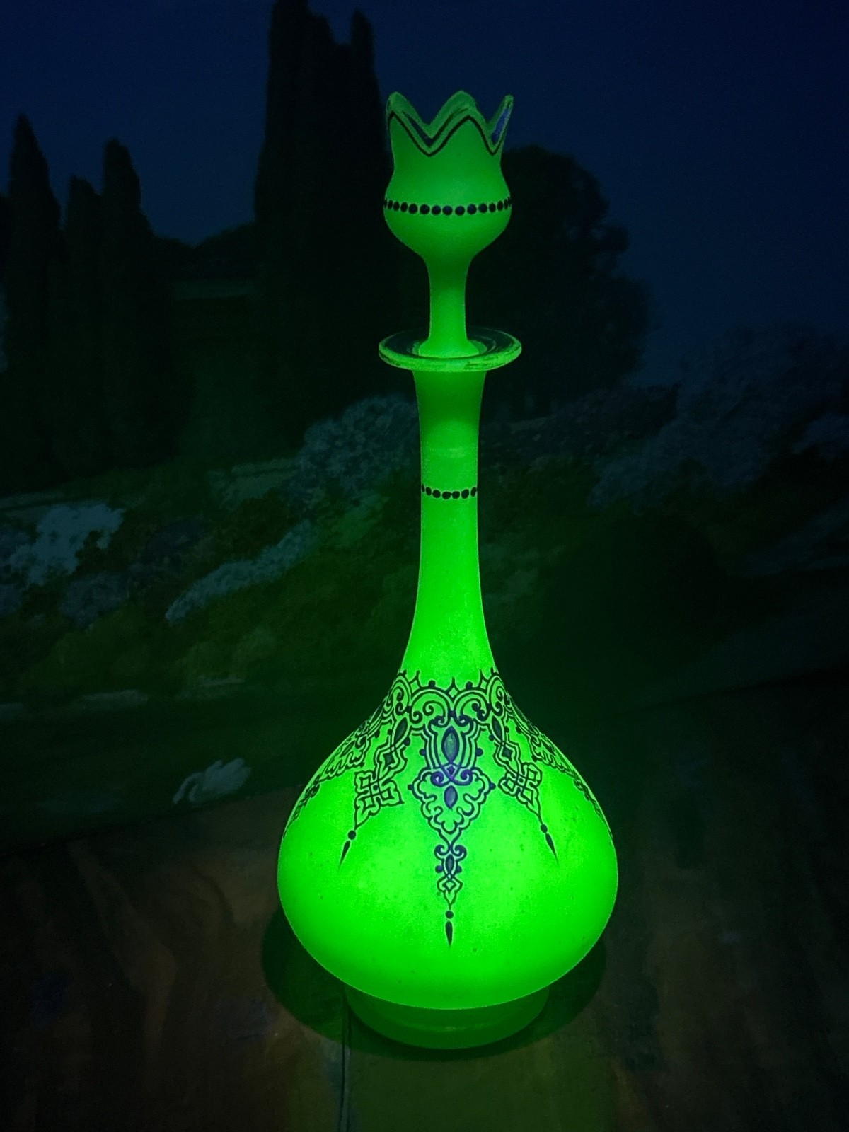 French Opaline Satin Green Gold Gilded Uranium Glass Decanter Bottle 26cm Tall