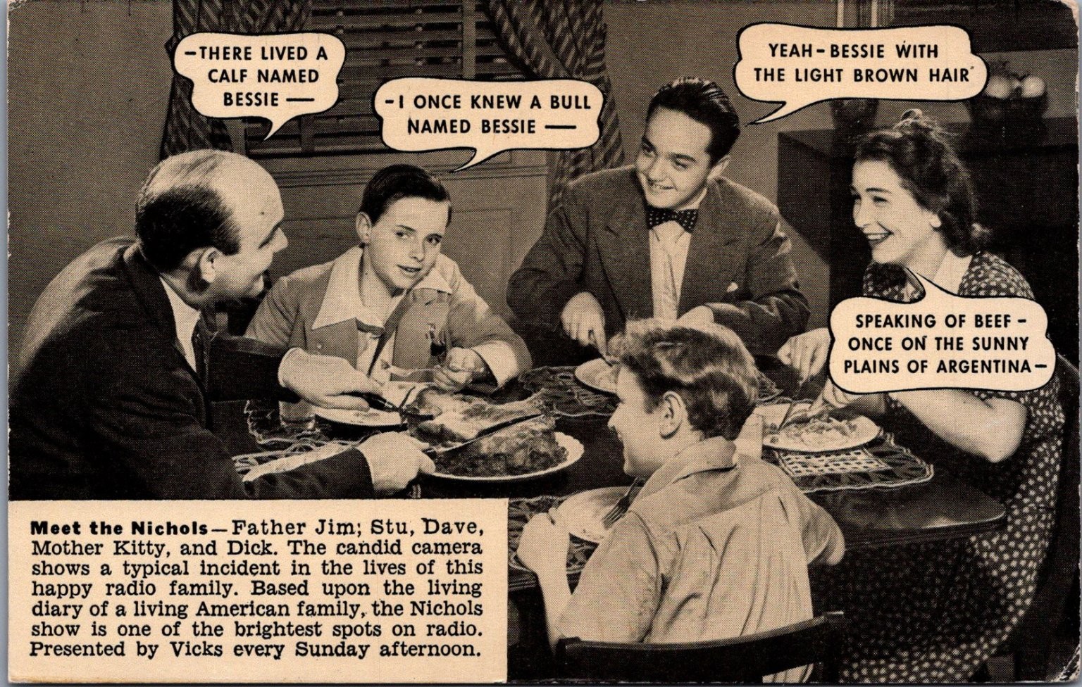 1941 The Nichols Radio Show Family Dinner Vicks Promo Postcard Posted