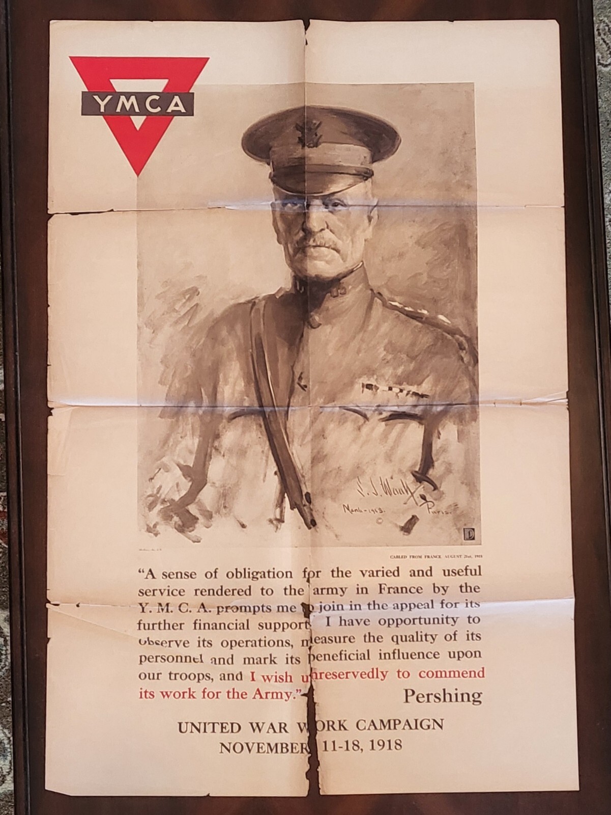 Original 1918 WWI US General Pershing YMCA Poster United War Campaign France