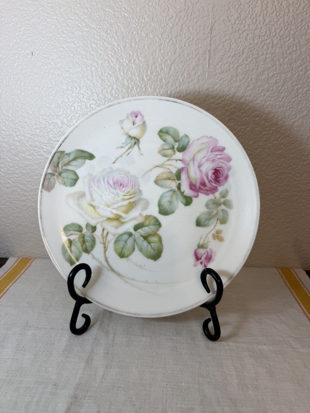 Vintage Bavaria Handpainted Plate With Pink Roses stamped 8 1/2 round 