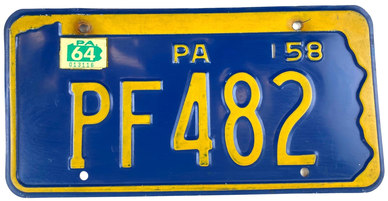 Vintage Pennsylvania 1964 License Plate 1958 Base PF482 Man Cave Wall Decor