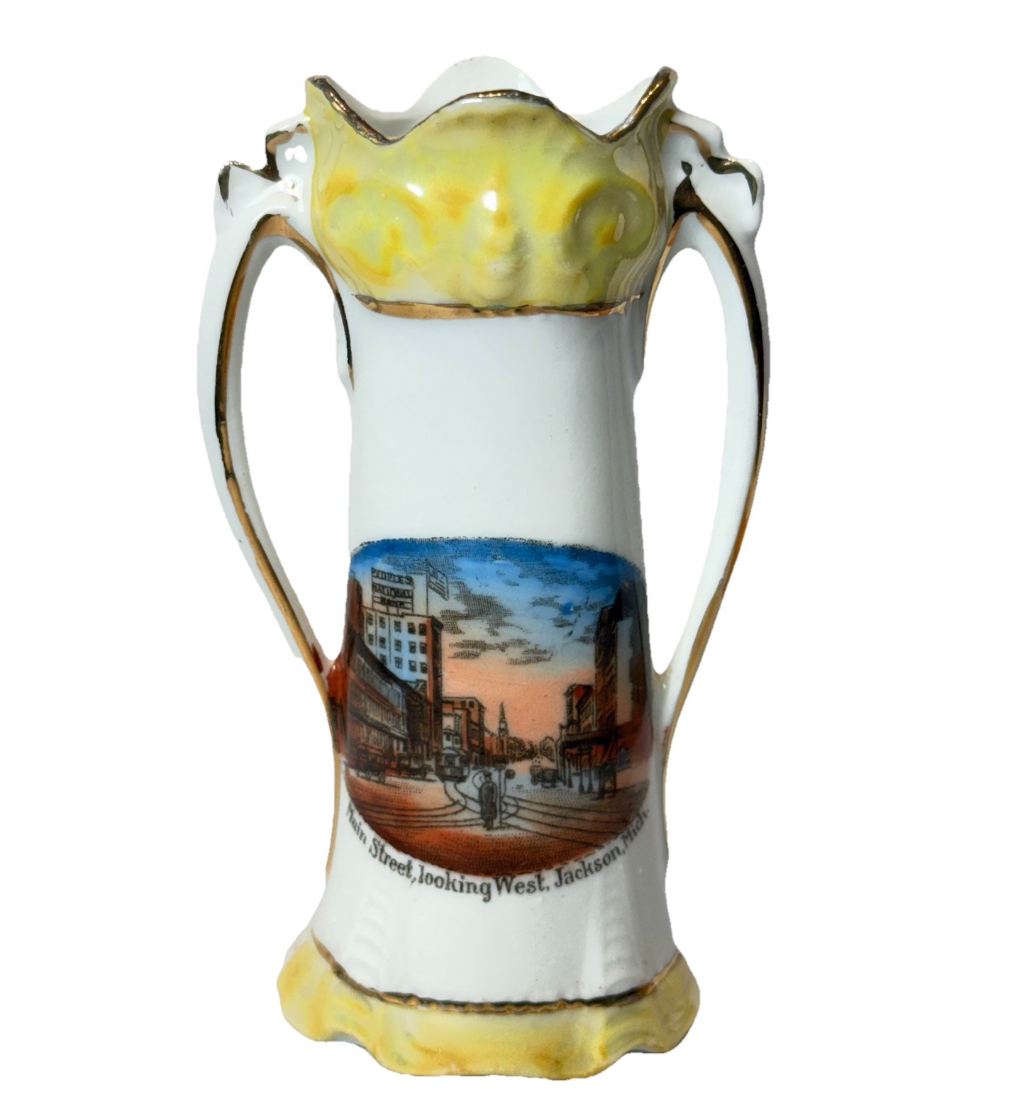 JACKSON MICHIGAN MI Antique MAIN STREET Souvenir China TRINKET VASE JACKSON MICHIGAN MI Antique MAIN STREET Souvenir China TRINKET VASE