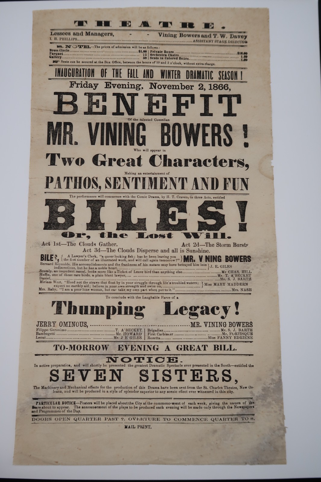 Antique Ad Billing Nov. 2 1866 George Vining Bowers Comedian BILES Ephemera HTF
