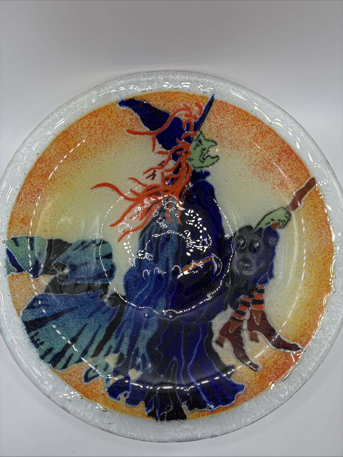 PEGGY KARR GLASS BOWL HALLOWEEN WITCH ON BROOMSTICK