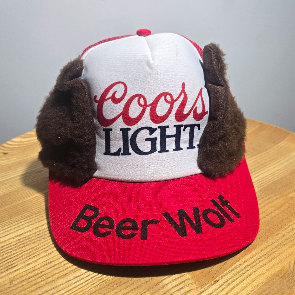 DEADSTOCK Coors Light Beer Wolf Red/White Trucker Hat with Ear Flaps Breweriana