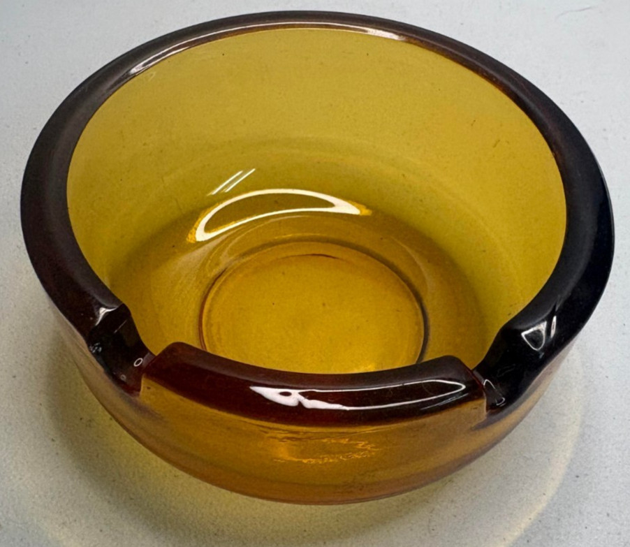 Vintage Amber Glass Ashtray Small Deep Round Bowl 3 Cigarette Rests 4 Inch