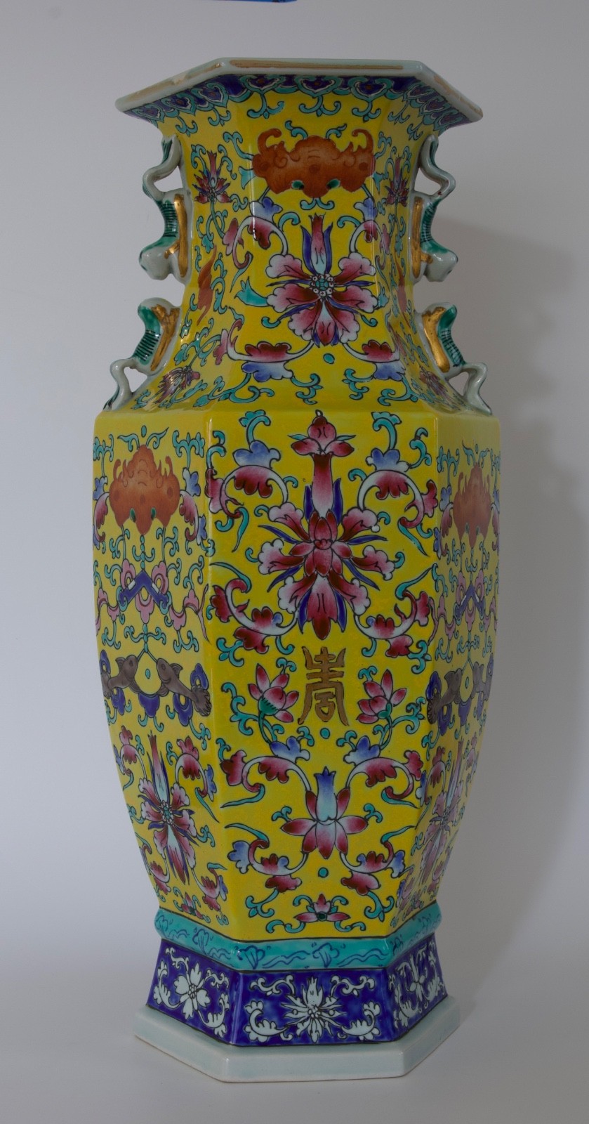 Large Chinese Famille Rose Hexagonal  Porcelain Vase w/double Handles