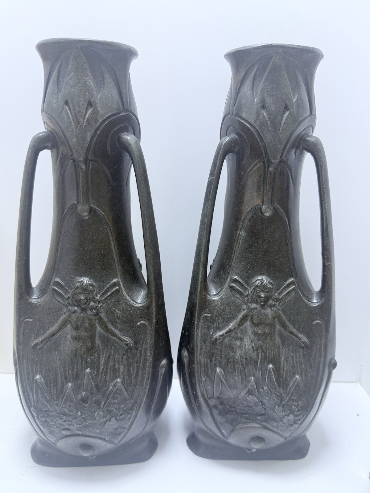 Antique Art Nouveau Fairy Vase Pair Signed by Jean Garnier, French Antique Art Nouveau Fairy Vase Pair Signed by Jean Garnier, French