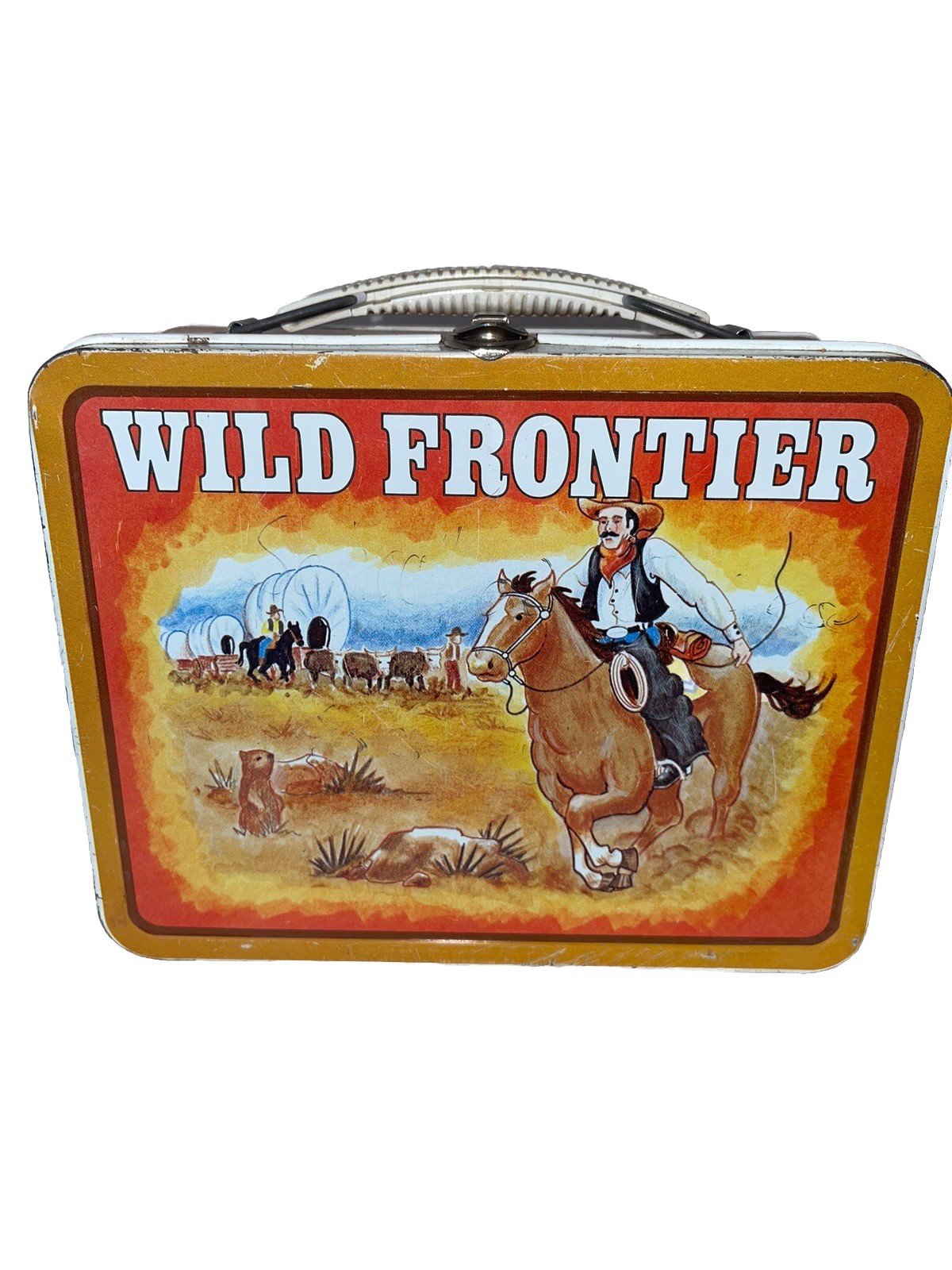 Vtg 1977 WILD FRONTIER METAL LUNCHBOX, Ohio Art, Western/Cowboys +Spinner Game Vtg 1977 WILD FRONTIER METAL LUNCHBOX, Ohio Art, Western/Cowboys +Spinner Game