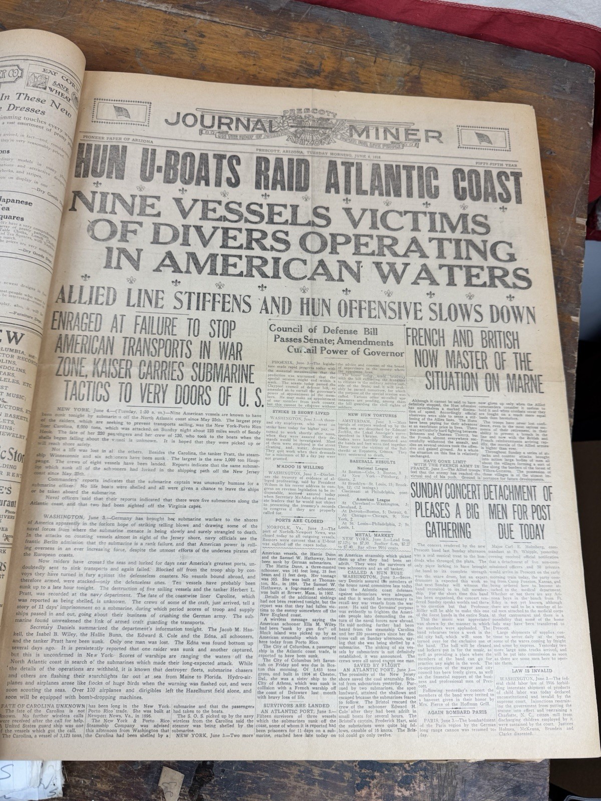 June 1918 PRESCOTT Journal Miner Newspapers Bound, WWI Headlines, Advertisements