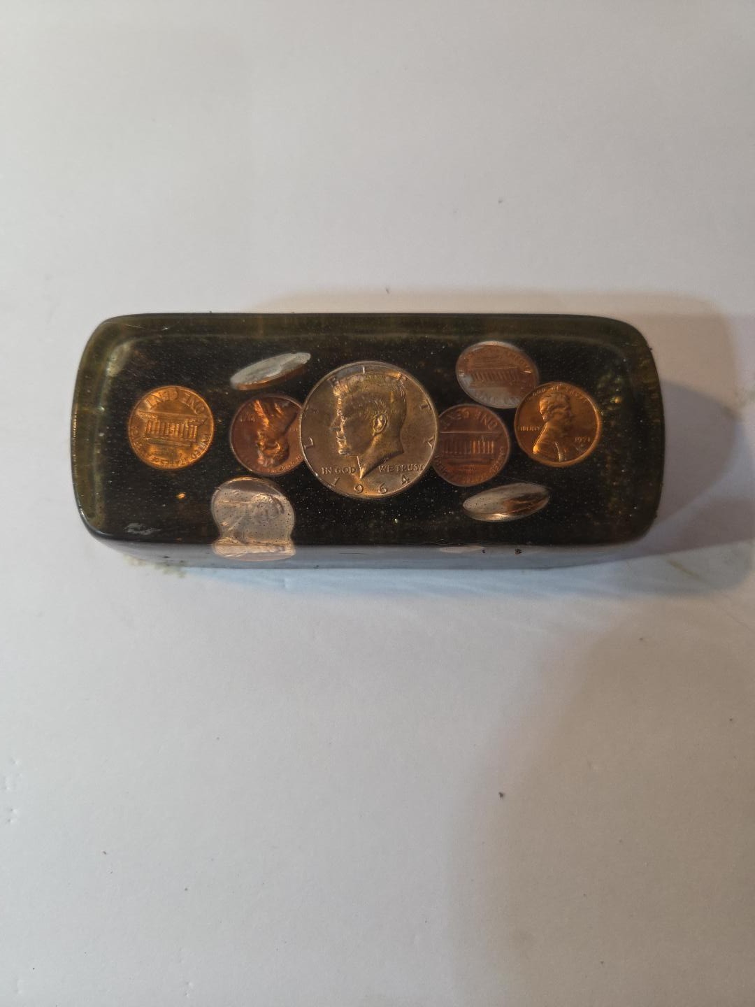 Vintage Lucite Paperweight 1964 Kennedy Half Dollar Penny Desktop Birth Year 
