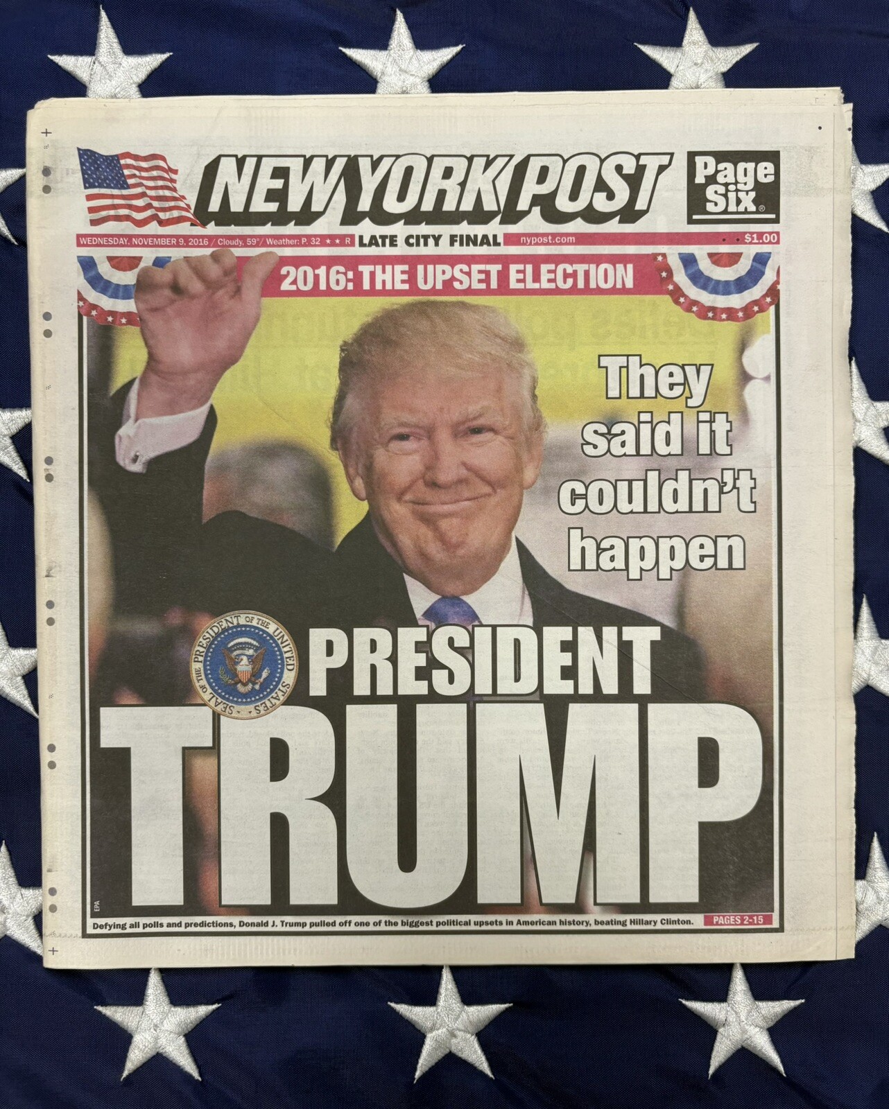 Donald Trump First Presidential Election Win New York Post 11/9/2016 Newspaper
