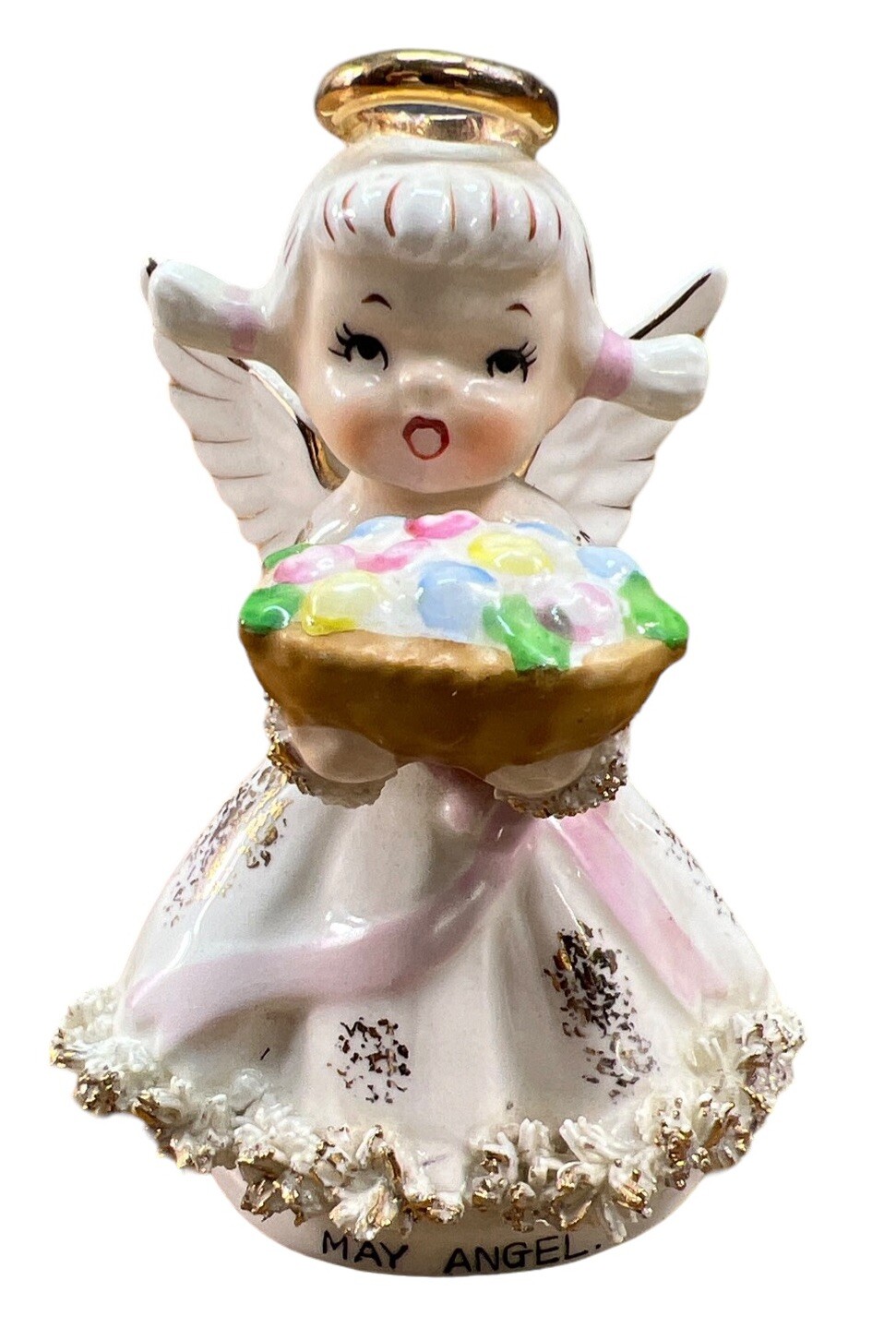 Vintage Lefton May Birthday Girl Angel Figurine Statue AR1987, Basket of Flowers