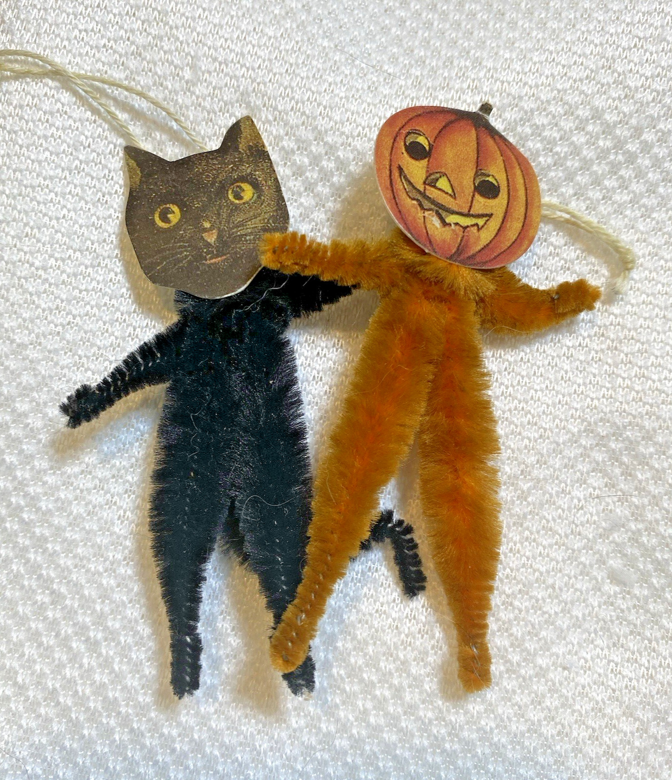 Vintage 2 Pc Halloween Pipe Cleaner Chenille Ornaments Black Cat & Jack Pumpkin Vintage 2 Pc Halloween Pipe Cleaner Chenille Ornaments Black Cat & Jack Pumpkin