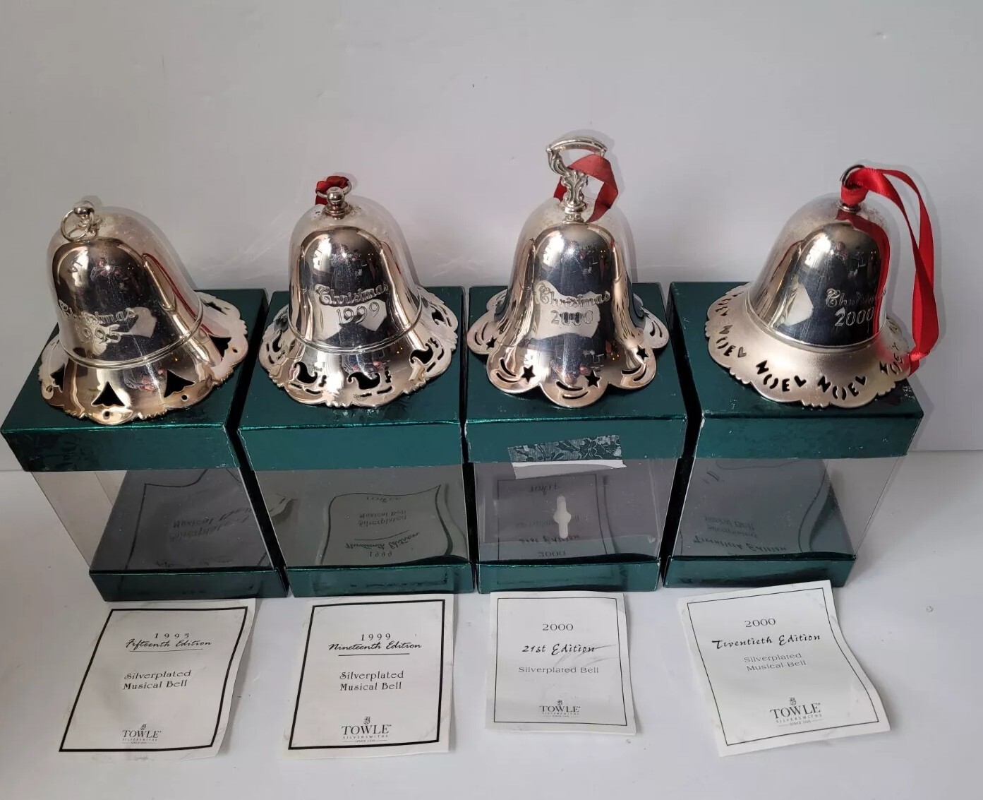 4 Towle Silversmiths Christmas Bells 3 Musical, 1 Silver Plate 1995 1999 2000