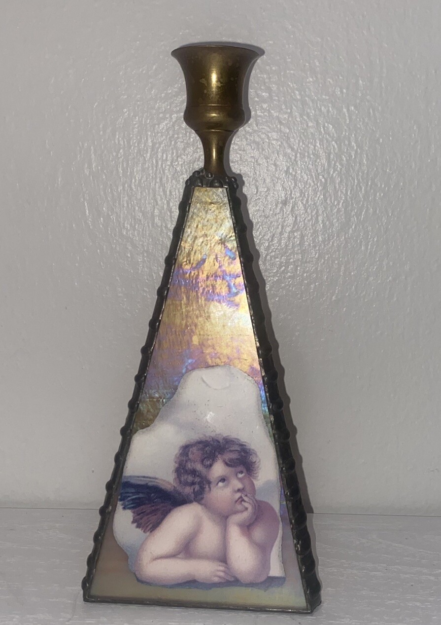 Vintage Pyramid Shape Candle Holder Stained Glass Art Decoupage Potichomania