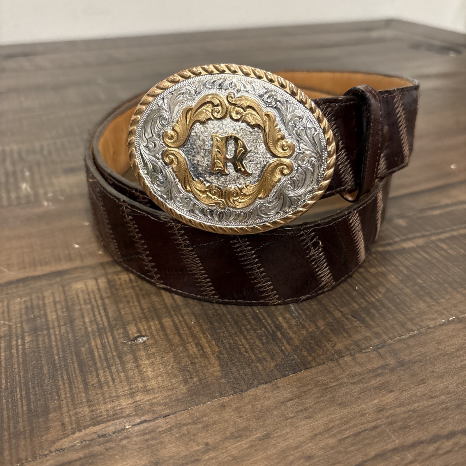 Montana Silversmiths Belt & Buckle Western Initial R Silver Gold Sz 33 Snakeskin
