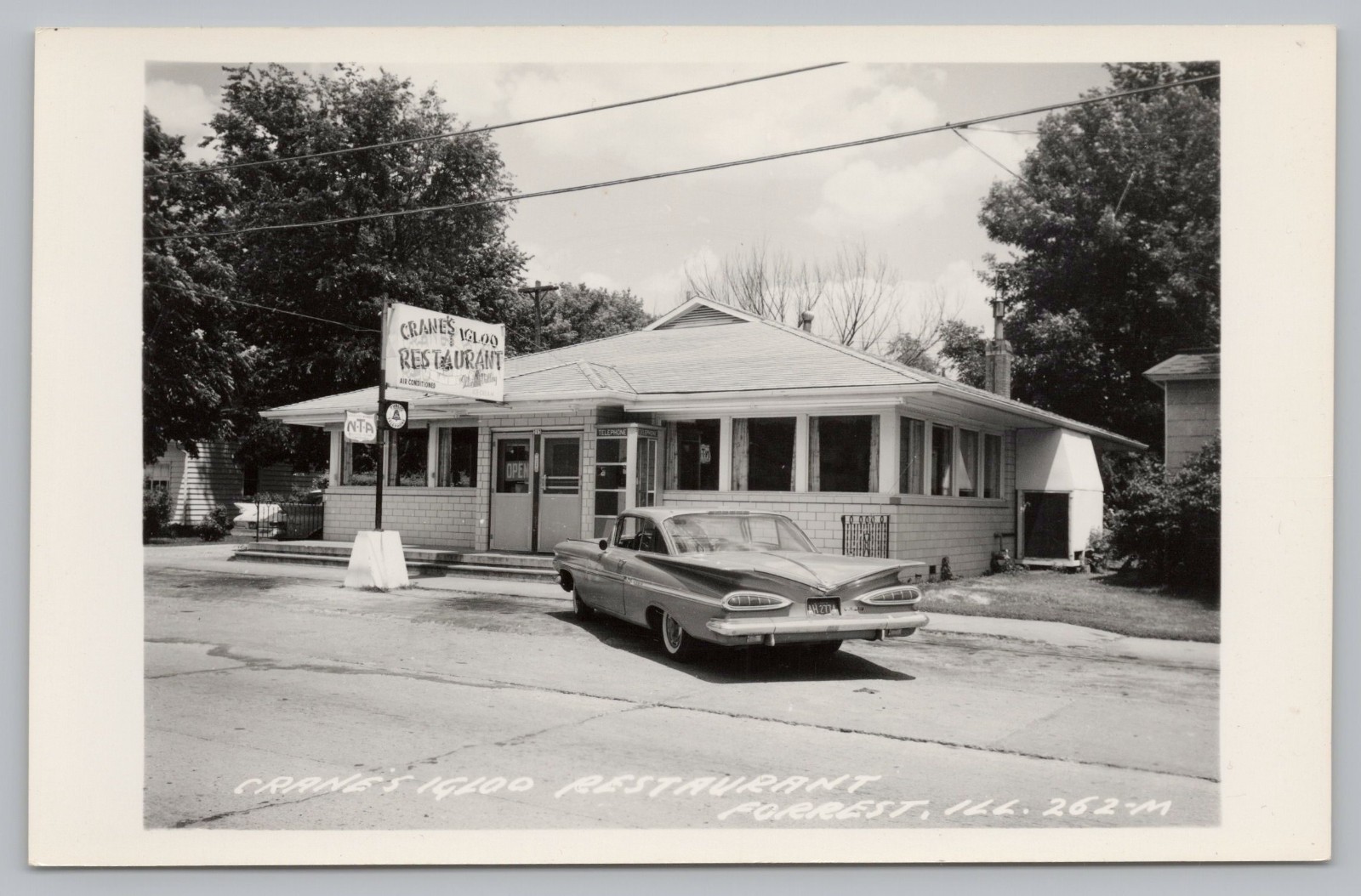 RPPC Crane's Igloo Restaurant 1959 Chevy impala  Phone Booth Forrest IL Postcard