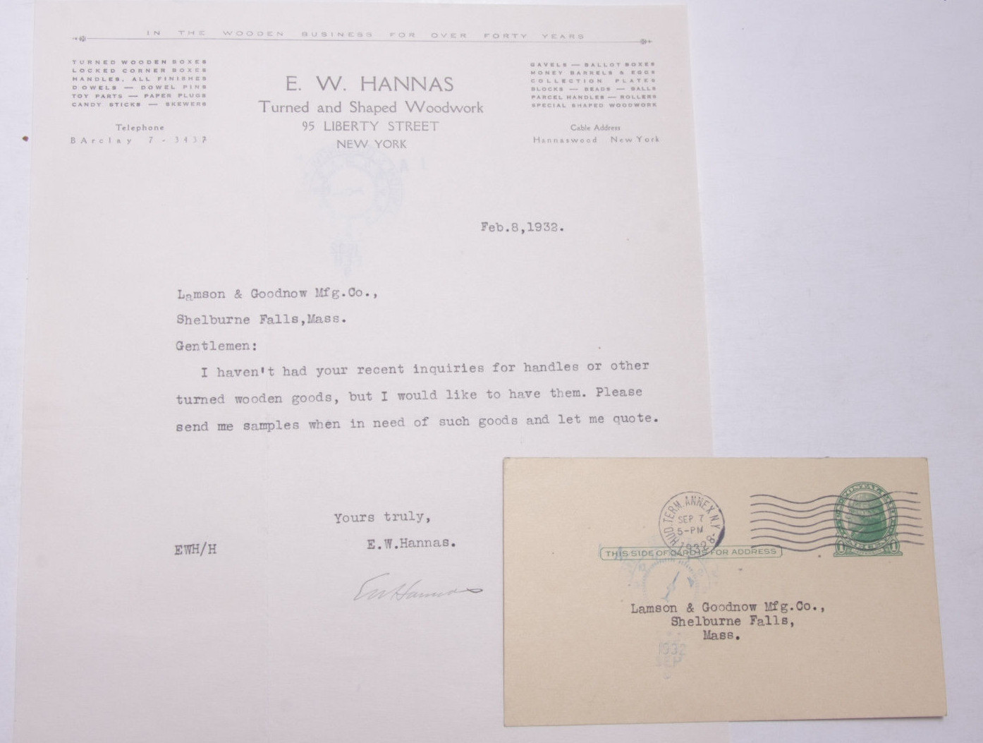 1932 Lamson Goodnow E W Hanna NYC Turned Woodwork 1c Post Card Ephemera P051A