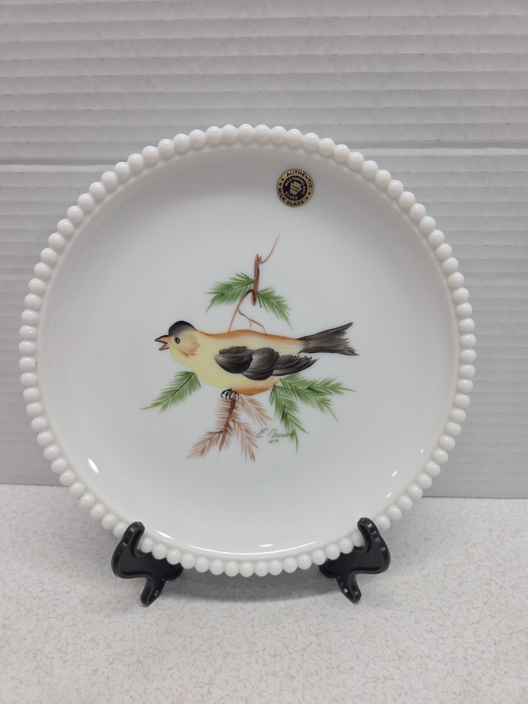 Westmoreland Milk Glass Hobnail Edge Plate Handpainted Bird Signed 7