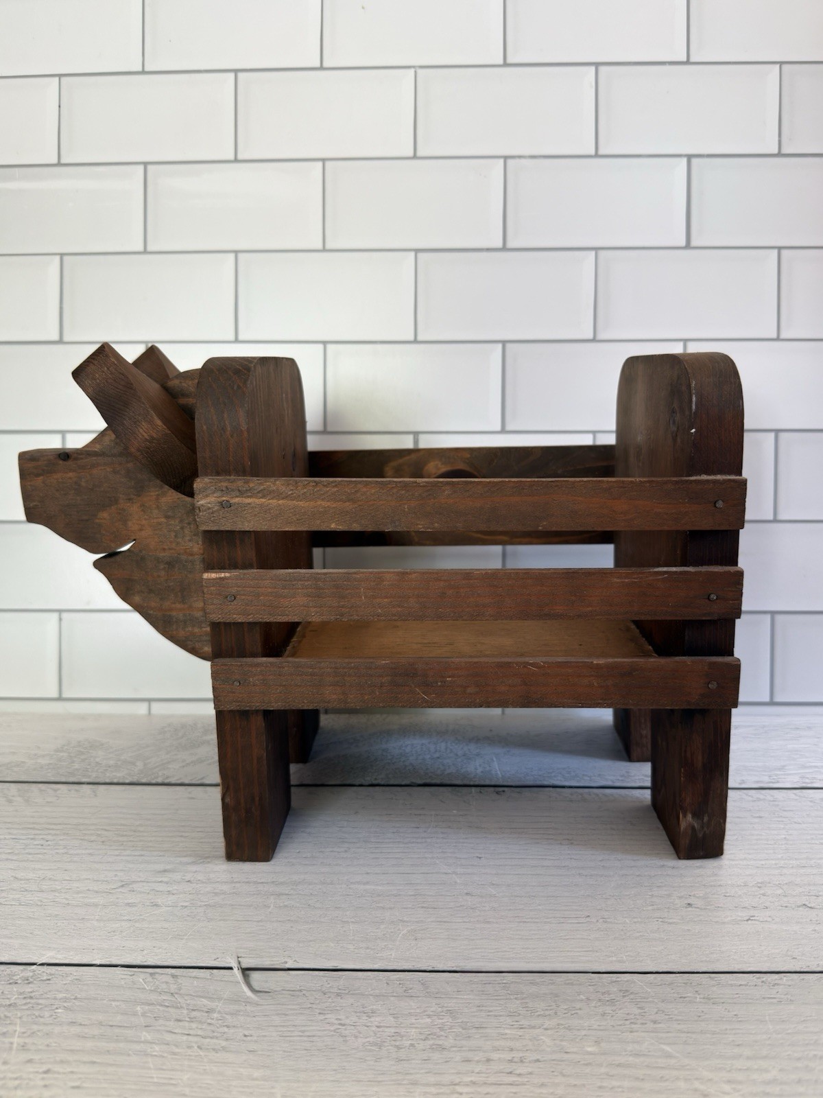 Vintage Rustic Handcrafted Wooden Pig Planter Crate Basket Farmhouse Country 12