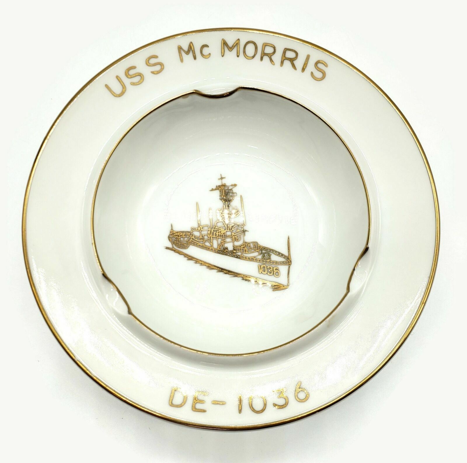 Vintage Fukagawa US Navy U.S.S. Mc Morris DE-1036 Ceramic Ashtray White w/ Gold Vintage Fukagawa US Navy U.S.S. Mc Morris DE-1036 Ceramic Ashtray White w/ Gold