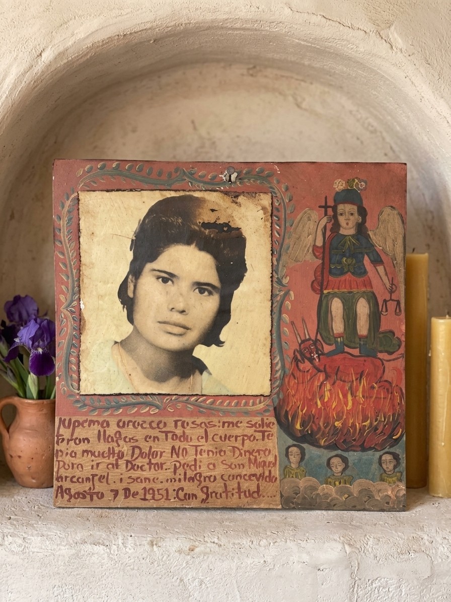 San Miguel Arcángel 1951 Mexican Ex Voto Retablo with Photo Healed 11 in