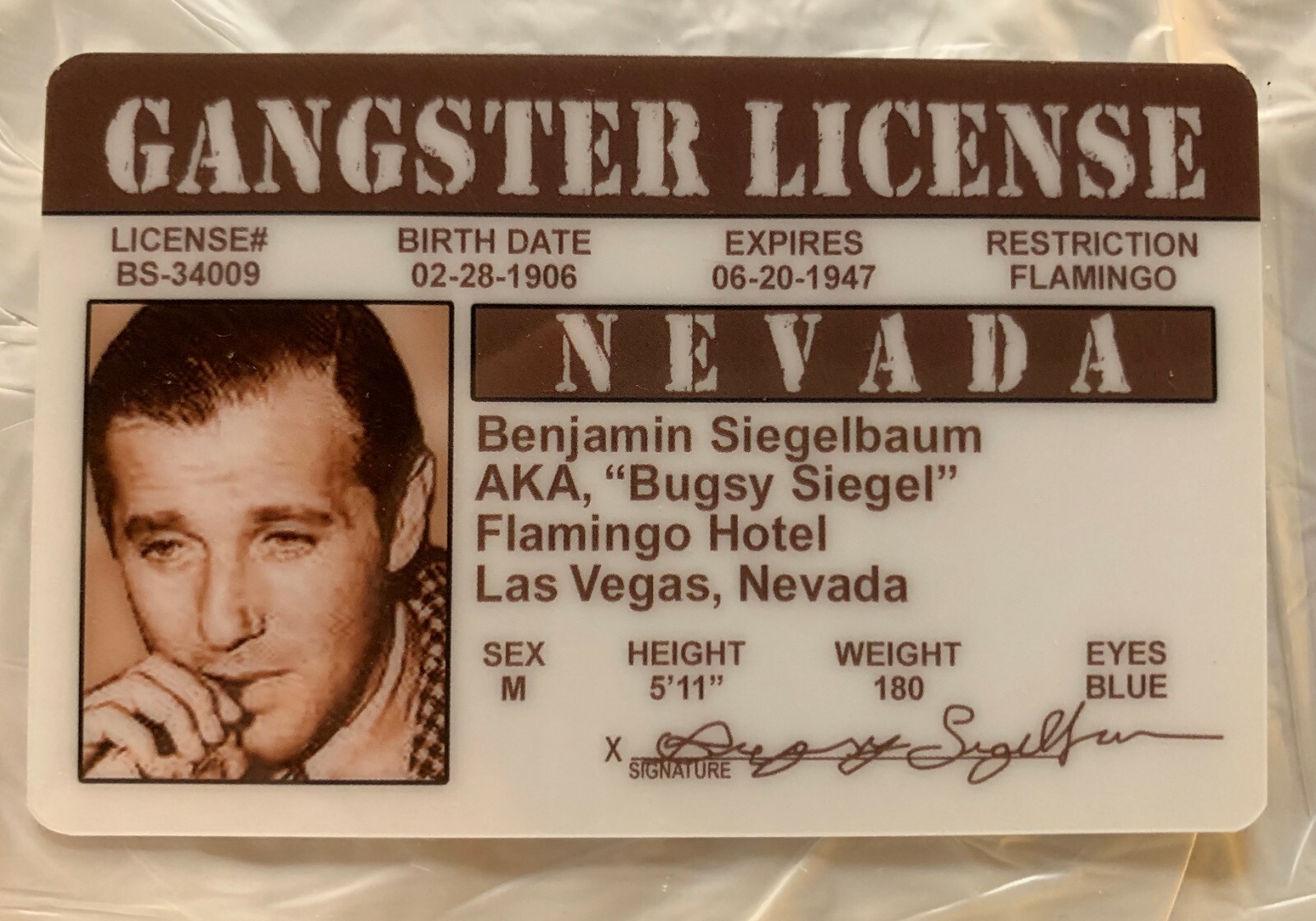 Bugsy Siegel Gangster novelty ID Card Godfather Capone Cosa Nostra Mafia Mob Bugsy Siegel Gangster novelty ID Card Godfather Capone Cosa Nostra Mafia Mob