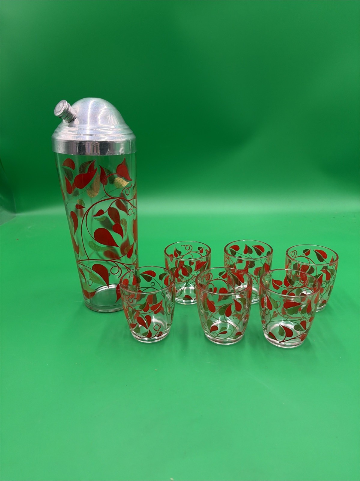 Vintage MCM Gay Fad Red Gold Leaf Cocktail Shaker Pitcher 6 Roly-Poly Glasses