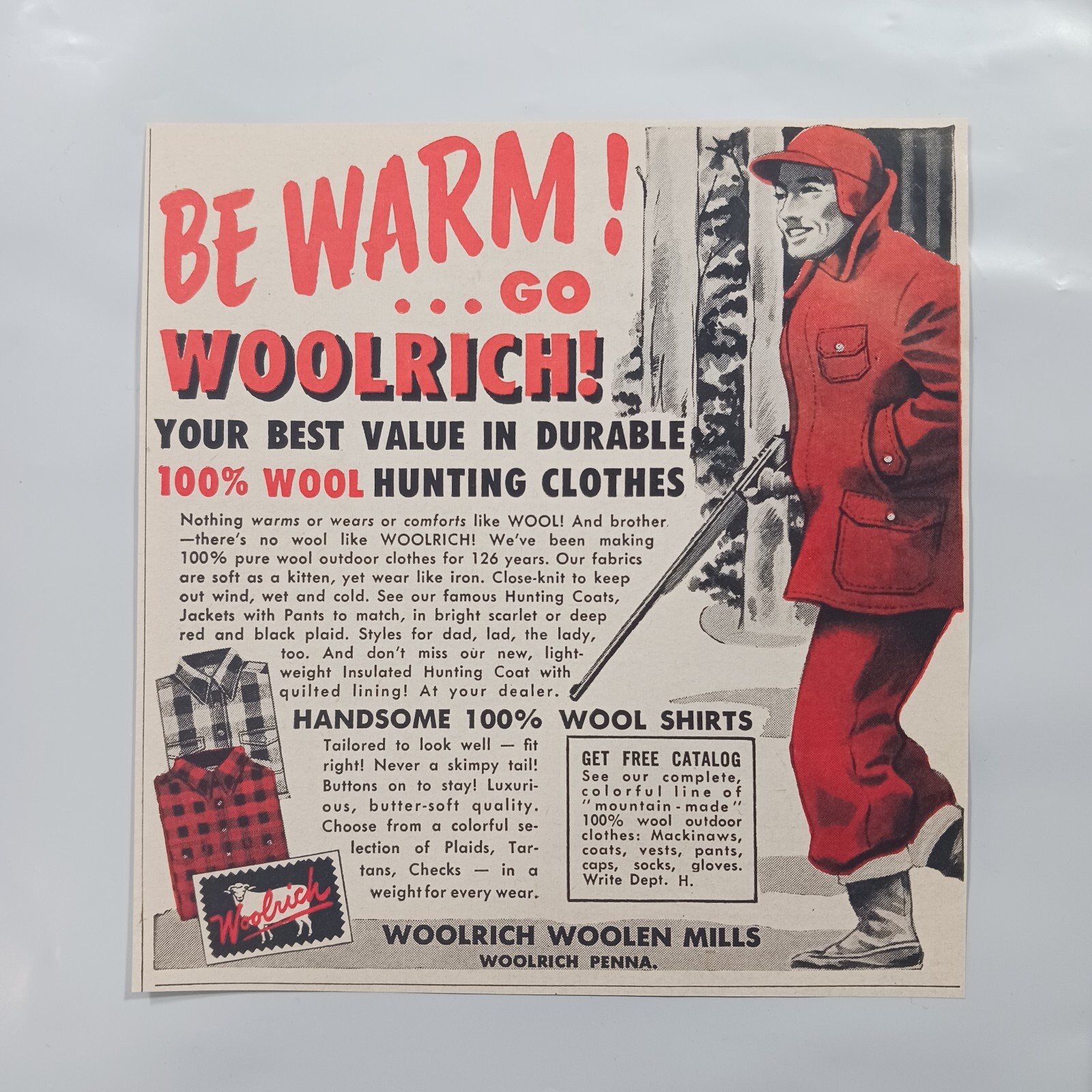 1956 VINTAGE BE WARM GO WOOLRICH FROM WOOLRICH WOOLEN MILLS PRINT AD WITH COLOR