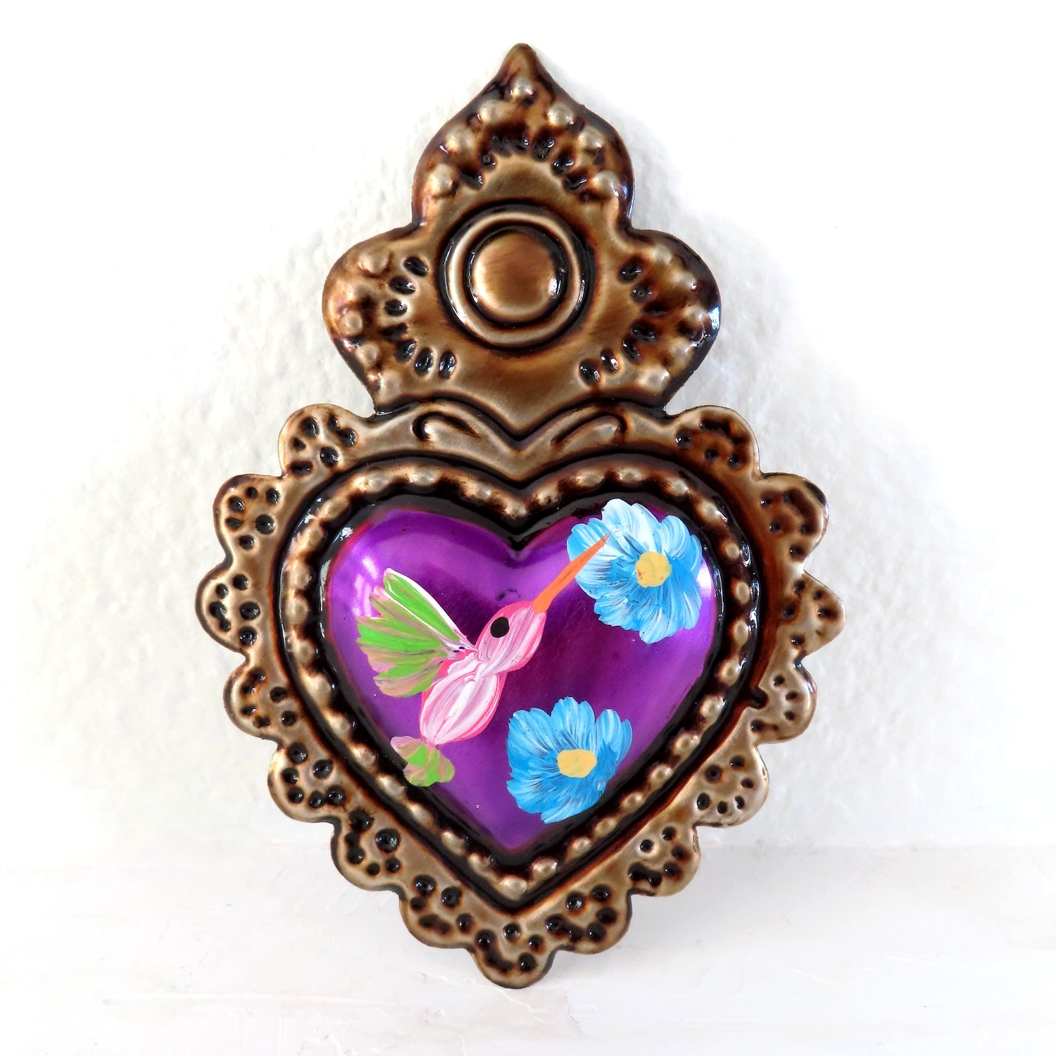 Mexican Sacred Heart Purple Pink Hummingbird Ornament Hanging Magnet Folk Art