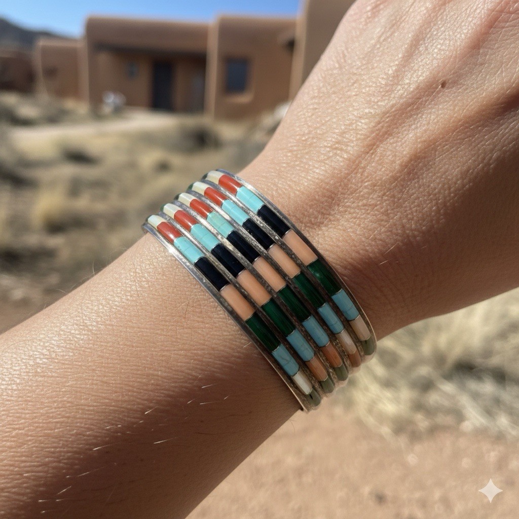 Native American Anson & Leticia Wallace Zuni Sterling Multi Stone Cuff Bracelet