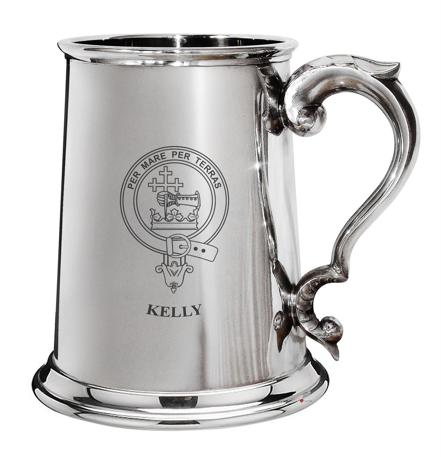 Kelly Family Crest Polished Pewter 1 Pint Tankard with Scroll handle