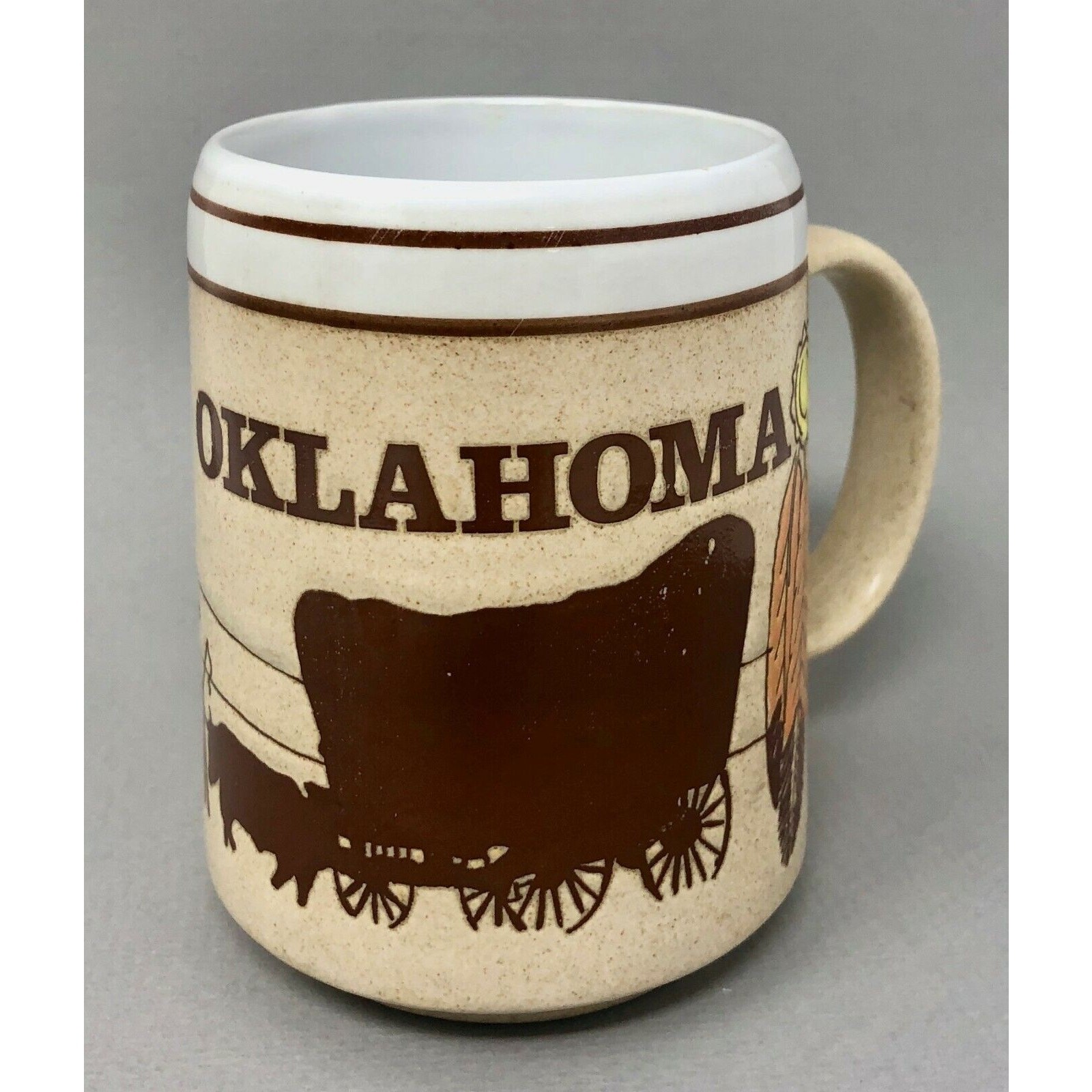 Vintage Souvenir Oklahoma Mug Stoneware Cup, Cattle, Wagon, Native American
