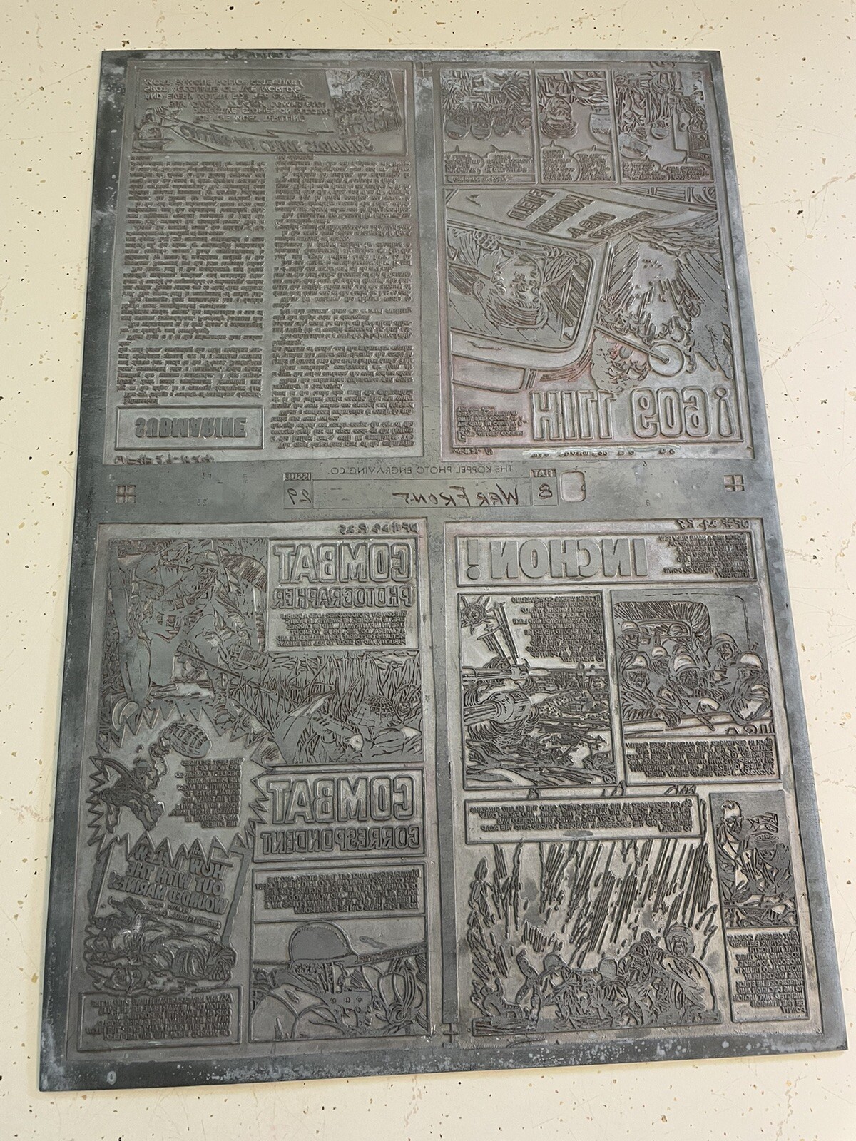 WARFRONT #29 rare METAL COMIC ART PRINTING PLATE HUGE HEAVY 1956 STUNNING COOL