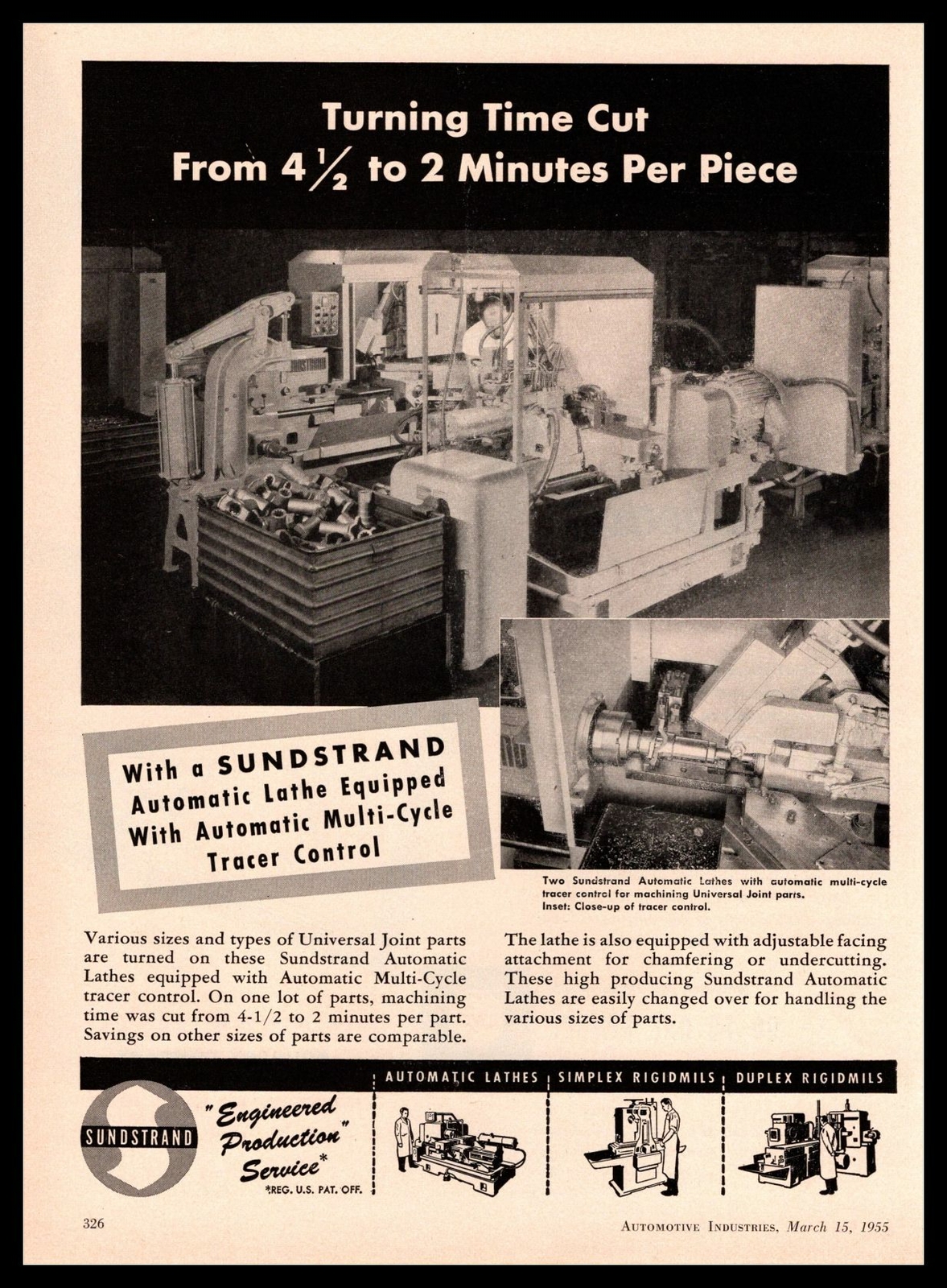 1955 Sundstrand Automatic Lathe Multi-Cycle Tracer Control Plant Photo Print Ad