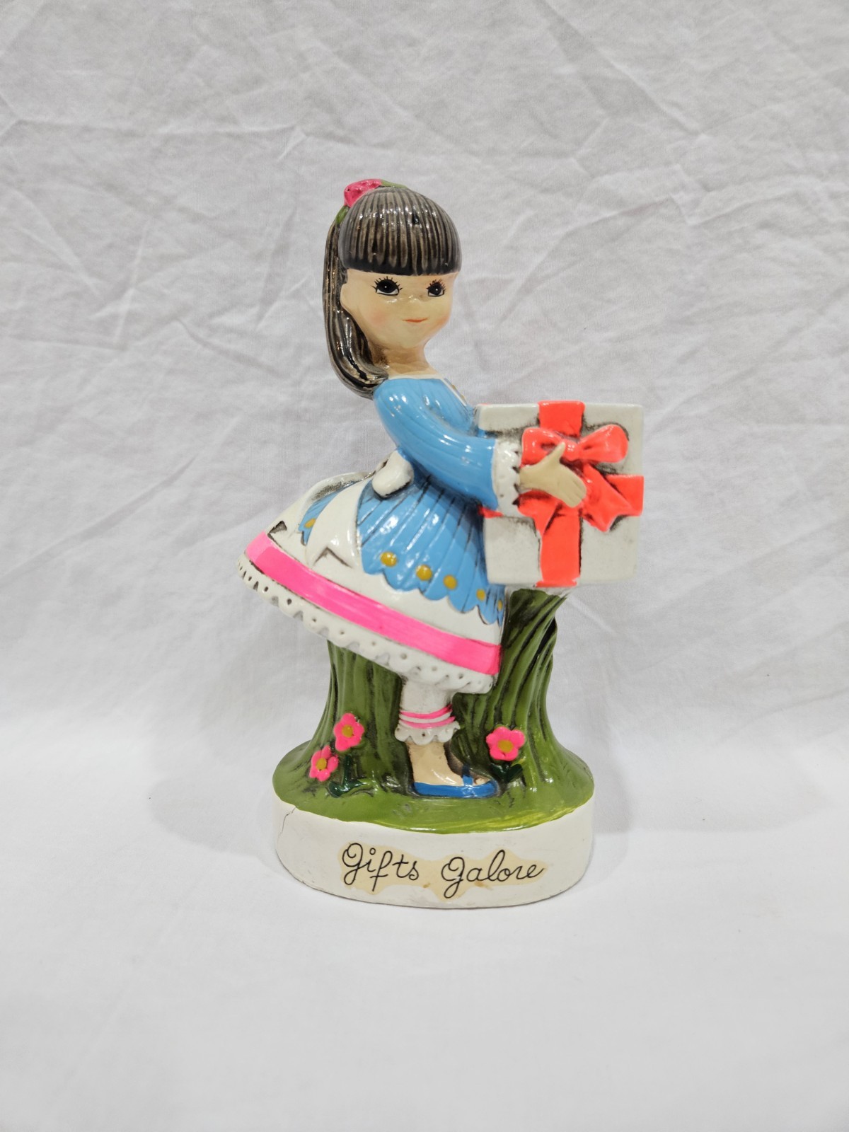 Vintage Carl Bernard Gifts Galore Chalkware Coin Bank Girl w/ Present Japan 7.5\