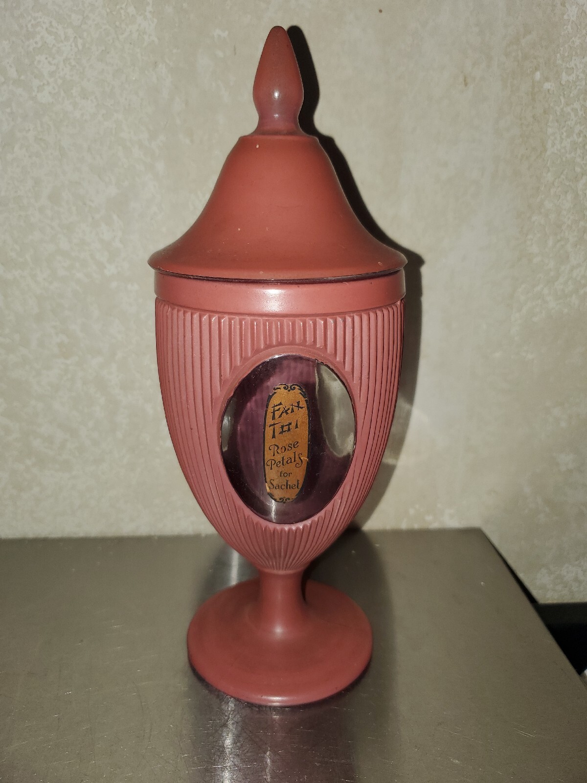 Antique 1920s Fan Toi Mauve Pink Lidded Glass Decorative Jar W/Clear Panels Antique 1920s Fan Toi Mauve Pink Lidded Glass Decorative Jar W/Clear Panels