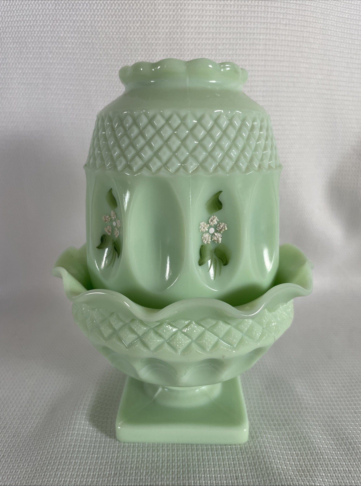 Vintage Westmoreland Fairy Light Lamp Hand Painted Green Jadeite Glass SIGNED