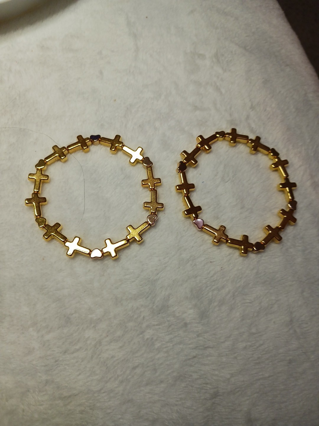 2 Pretty, Unique Goldtone Cross And Heart 6 Inch Bracelets  On An Elastic Cord.
