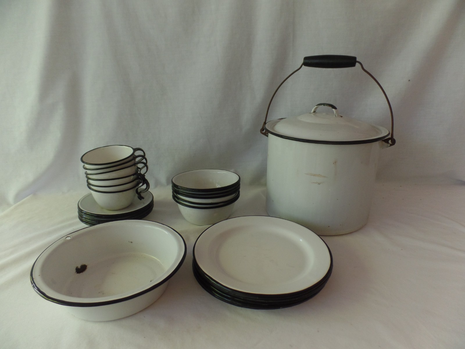 27 pcs vintage ENAMELWARE CAMPING SET white w/ black trim Cups Bowls Plates Pail