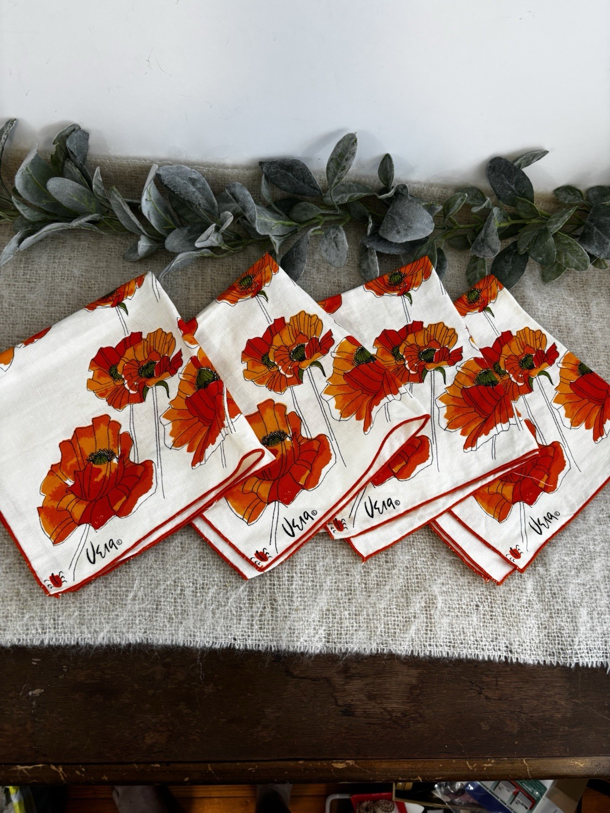 Vintage Vera Neumann Cloth Napkins Set Of 4 Orange Flowers Square MCM Kitchen
