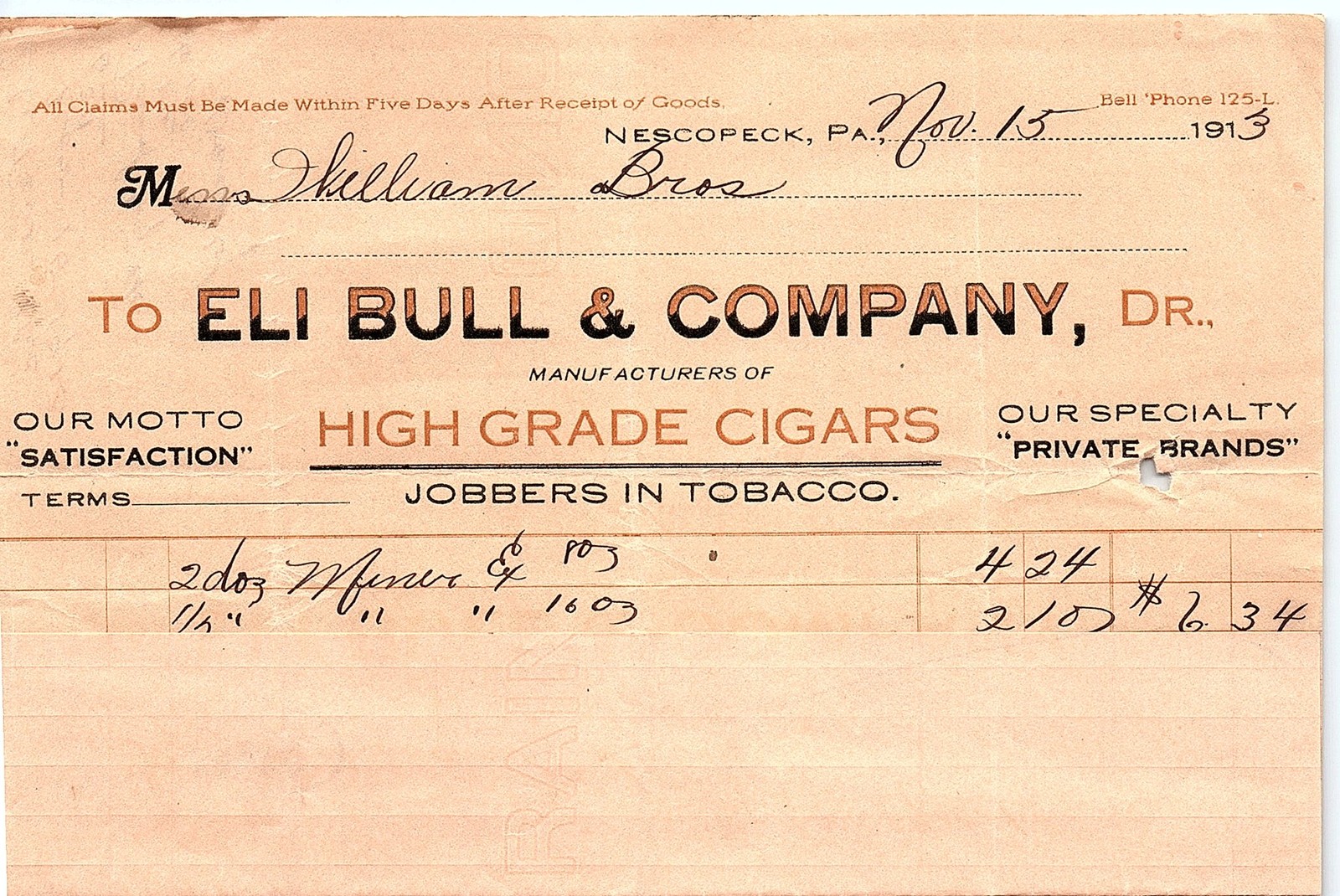 1913 Eli Bull & Co. Nescopeck PA Cigar Tobacco Billhead 1913 Eli Bull & Co. Nescopeck PA Cigar Tobacco Billhead
