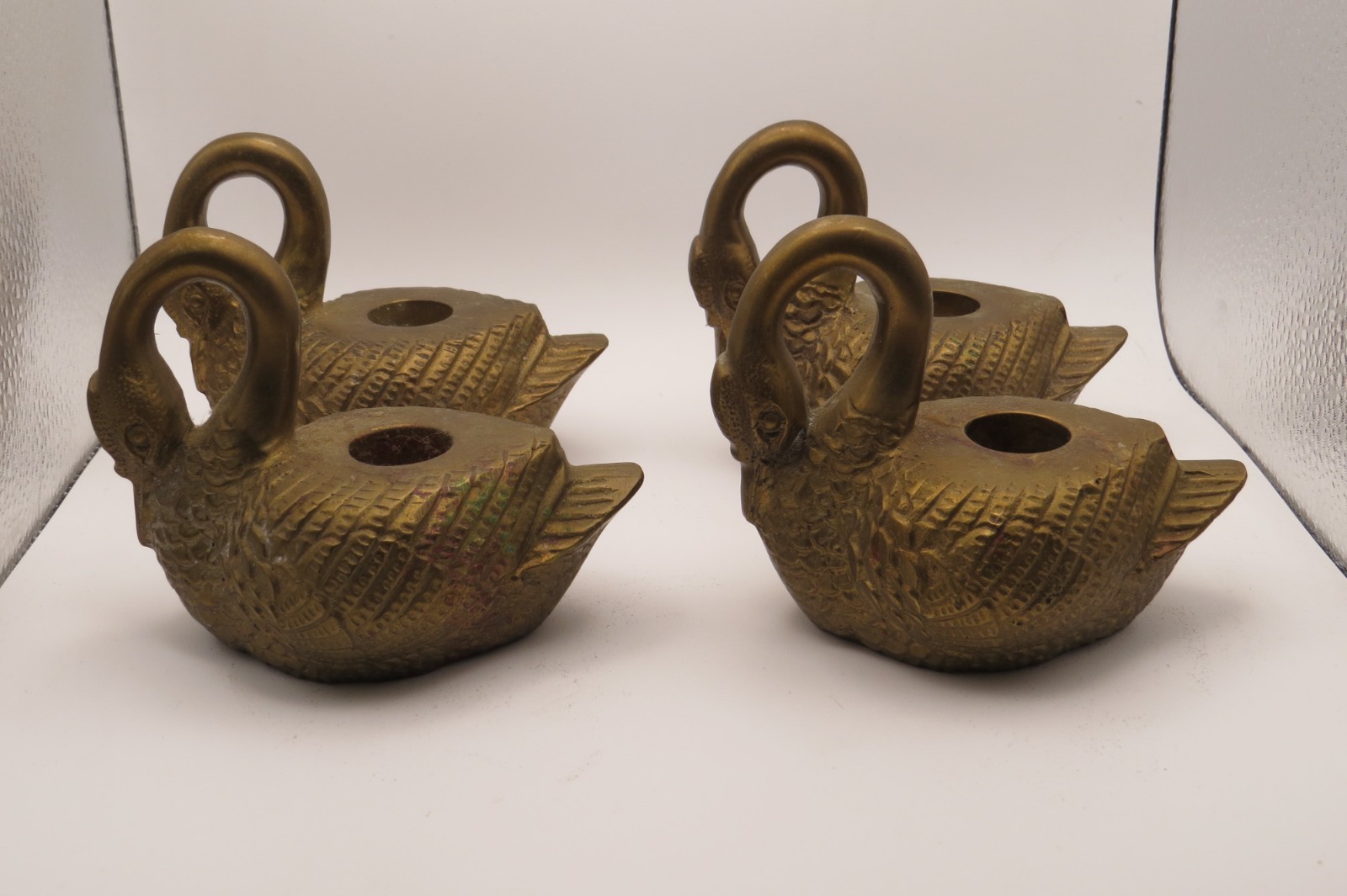 Vintage Set Of 4 Matching Brass Swan Candle Holders Metal Art