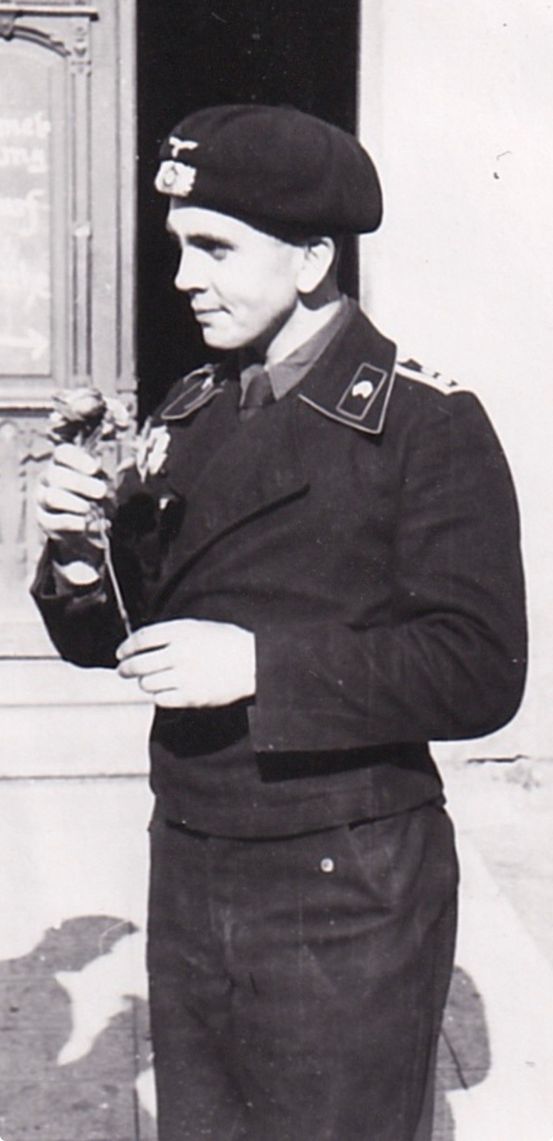 WW2 Agfa-Lupex Photo - Panzer NCO Crewman Holding Flower