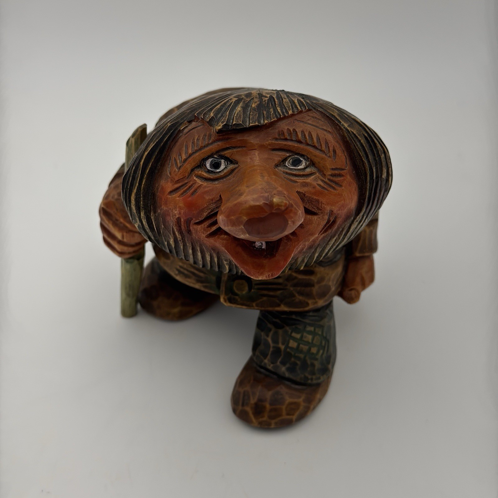 Real Vintage Otto Sveen Mid Century Norway Hand Carved Troll With Walking Stick