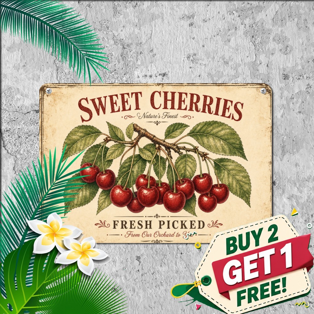 Fresh Sweet Cherries Tin Sign Rustic Farm Fruit Market Wall Metal Decor