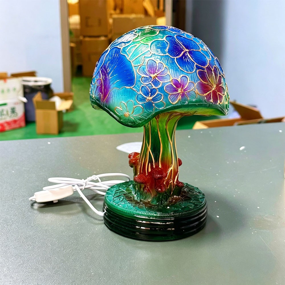 Vintage Table Lamp Stained Glass Resin Mushroom Plant Flower Bedroom Decoration