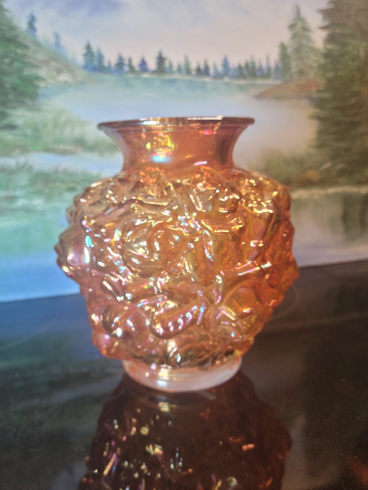 Imperial Glass Co. La Bella Rose Carnival Glass Vase - marigold amber orange red Imperial Glass Co. La Bella Rose Carnival Glass Vase - marigold amber orange red