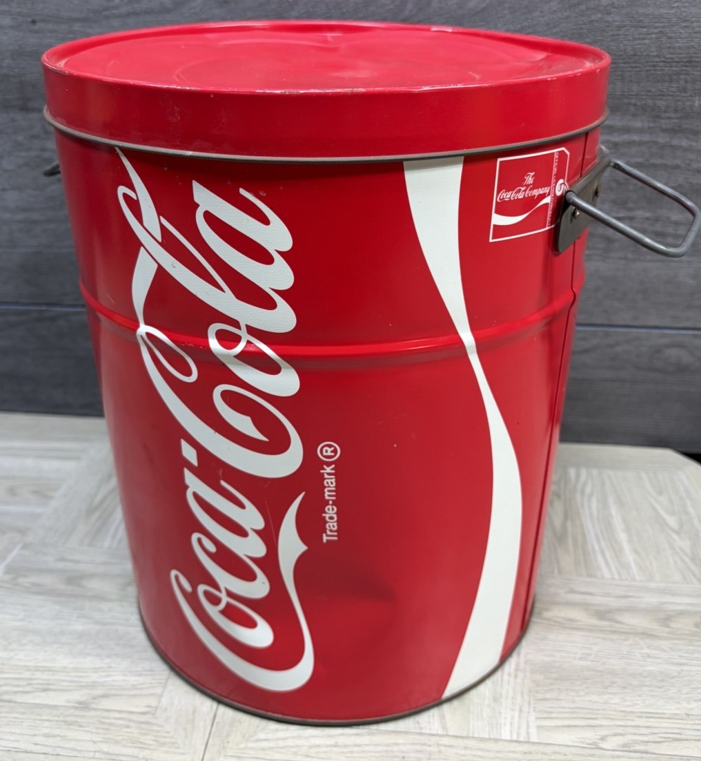 VTG 1983 Coca Cola Metal Popcorn Tin TRASH CAN Ice Bucket Large Red Coke + LID